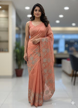 Crush Organza applique work saree MS14589 - Peach