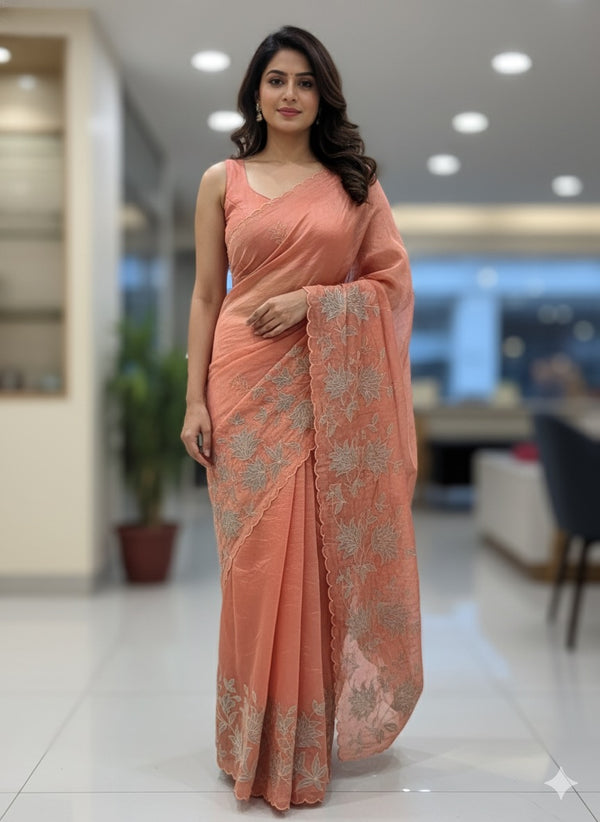 Crush Organza applique work saree MS14589 - Peach