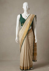 Linen checks saree with zari border MLS9766- Cream & BottleGreen