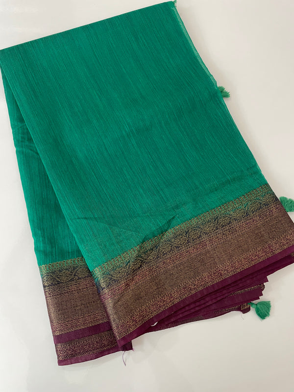 Jute silk sarees with contrast  pallu & blouse MJL324 Green to Wine