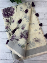 Handworked floral digital printed semi Linen Saree MLS611