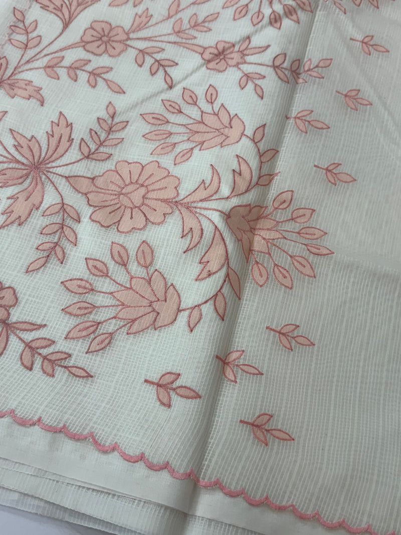 Kota silk saree with applique work SJCV82- Offwhite & Peach