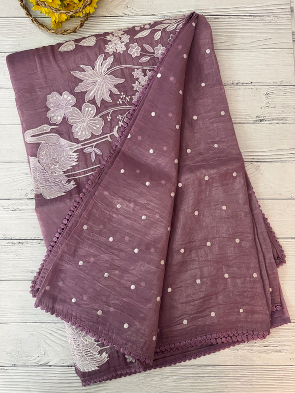 Crush Organza Applique work saree MS14997- DuskyWine