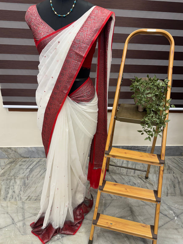 Chanderi organza saree with banarasi border MCBS67 - White & Red