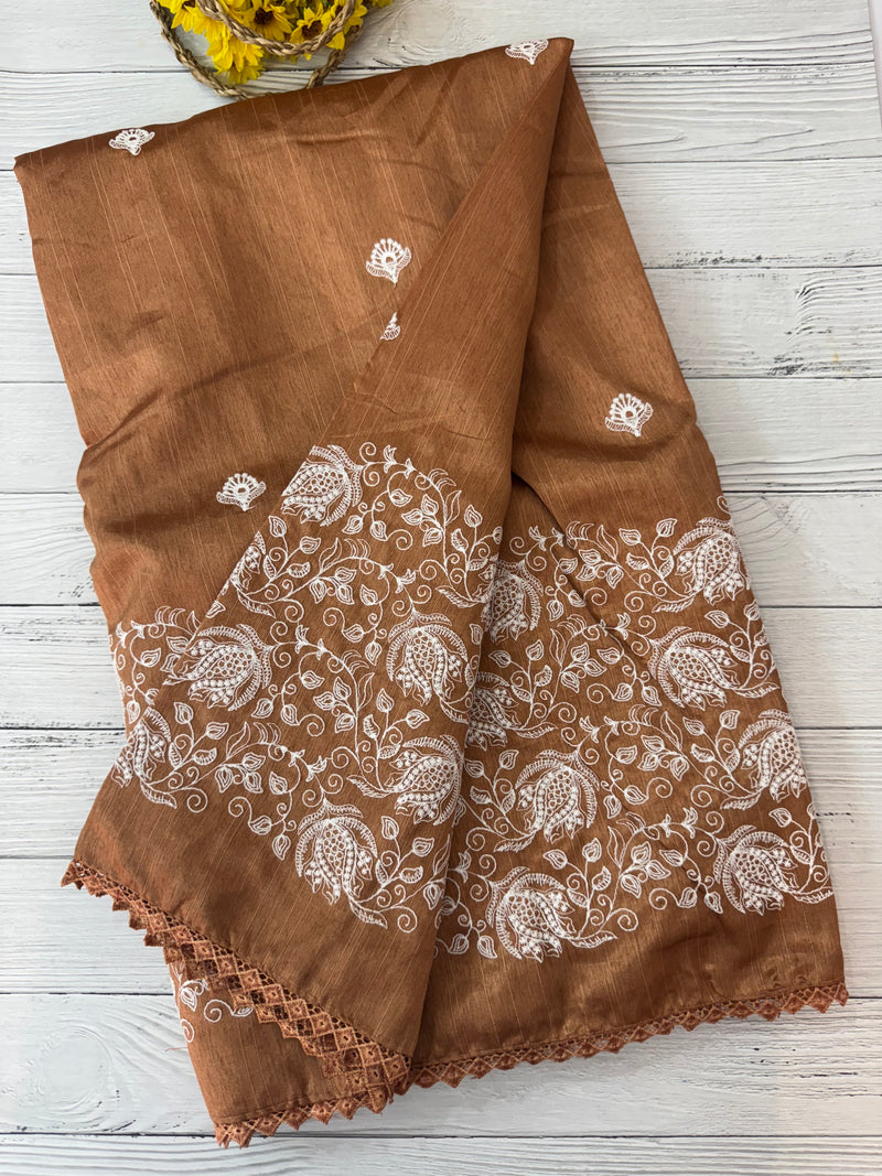 Art silk saree with white thread embroidery SVTS29 - DuskyOrange