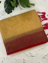 Jute silk sarees with contrast pallu & blouse MJL396 - Chiku to Red