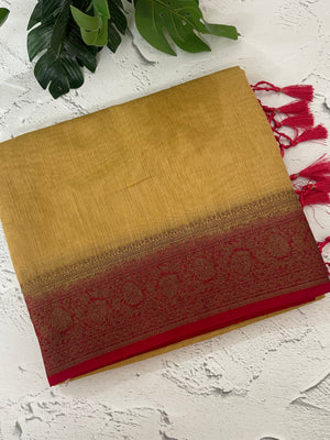Jute silk sarees with contrast pallu & blouse MJL396 - Chiku to Red