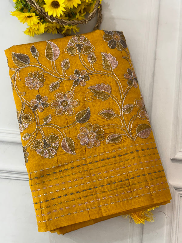 Crushed Blended tussar silk saree with embroidery- SNFCYEY Mustard Yellow