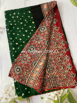 Pure Modal Ajrakh-Bandhani Silk Saree- MAMS515 BottleGreen