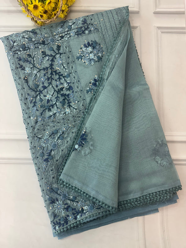Handworked Tissue silk saree with French Knots FBLK162 DuskyBlue