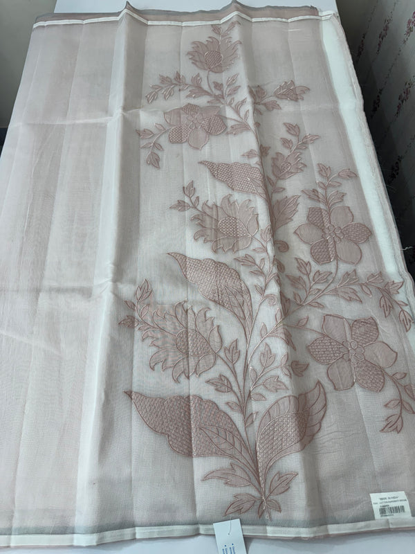 Supernet saree with applique work MCJ5433 - NudePeach to White
