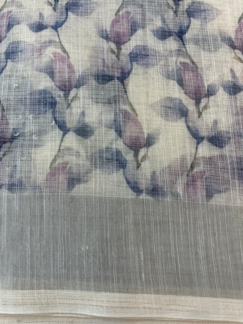 Handworked floral digital printed semi Linen Saree MLS611