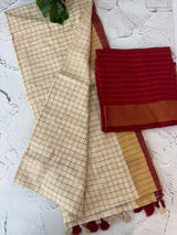 Linen checks saree with zari border MLS9766- Cream & Red
