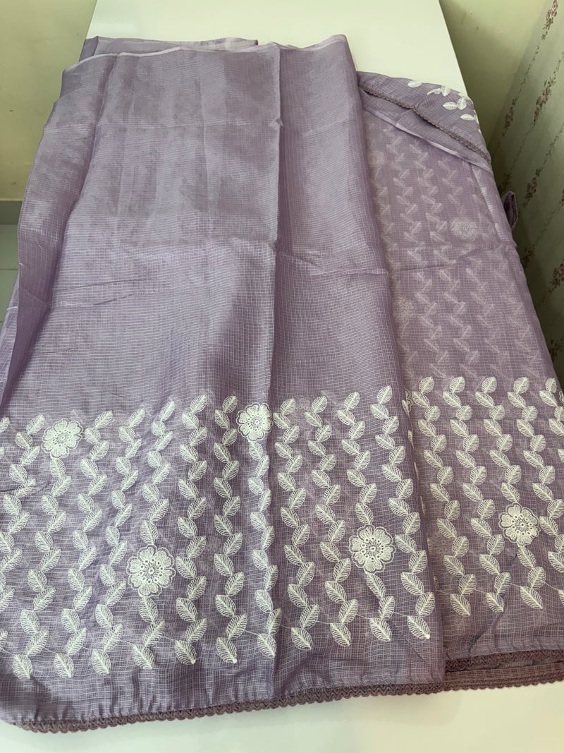 Soft kota checks saree with embroidery - SVTS24 Lavender