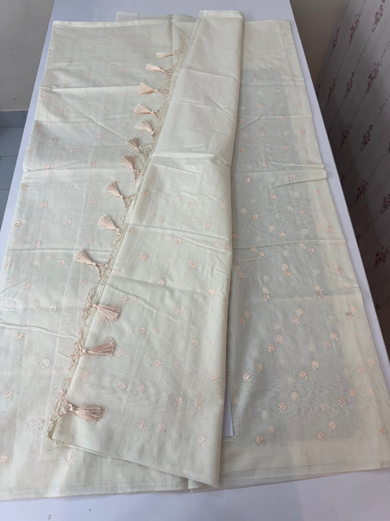 Mul chanderi saree with embriodery MSH114 - Pastel Peach flowers