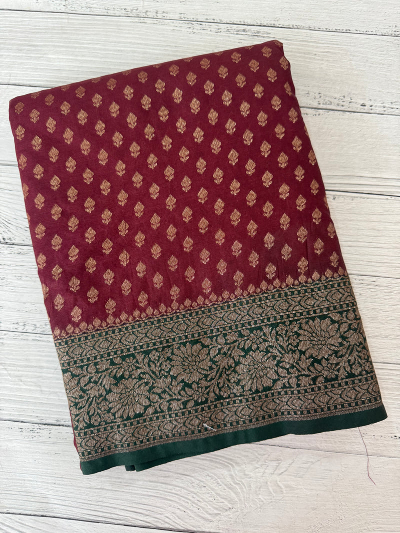 Banarasi viscose Georgette saree MKGS611- Wine to BottleGreen
