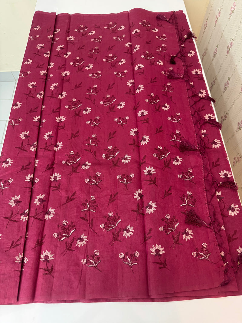 Crushed Blended tussar silk saree with embroidery- MSB7654 Cranberry