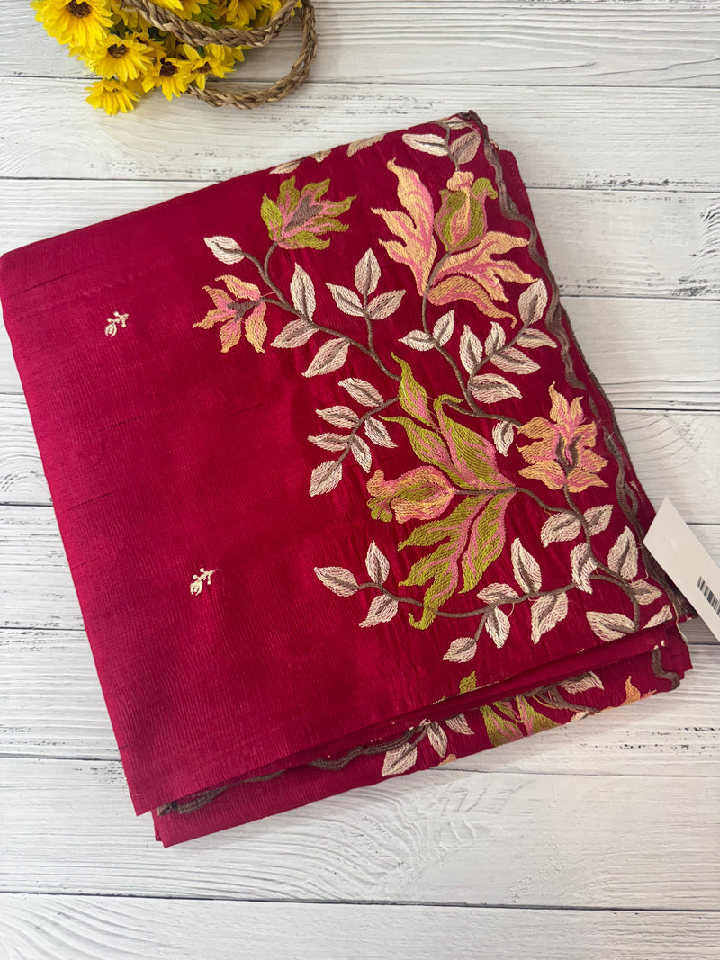 Crushed Blended tussar silk saree with embroidery- SNFCYEY- DarkPink