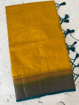 Jute silk sarees with contrast pallu & blouse MJL396 Mustard to Blue