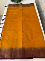 Jute silk sarees with contrast pallu & blouse MJL396- Mustard to maroonred