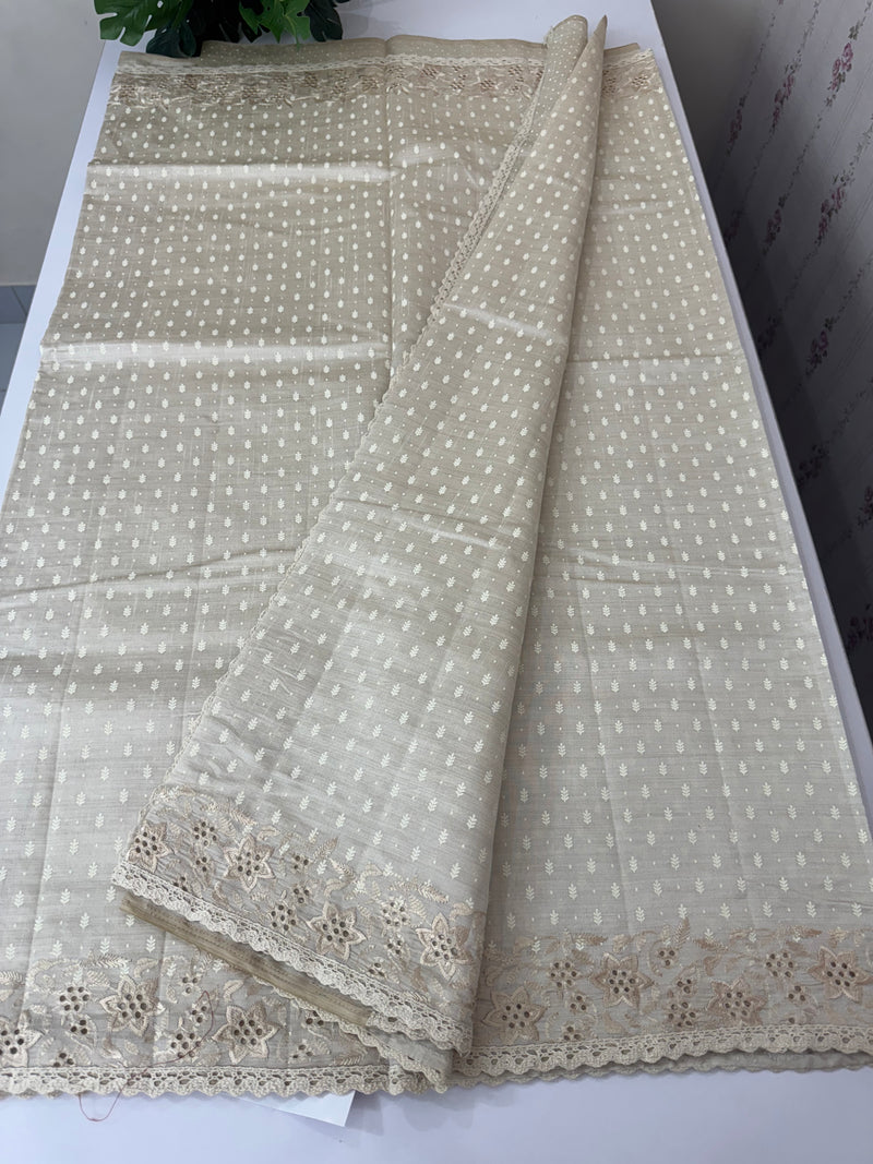 Cutwork blended tussar saree   - Cream MS5222