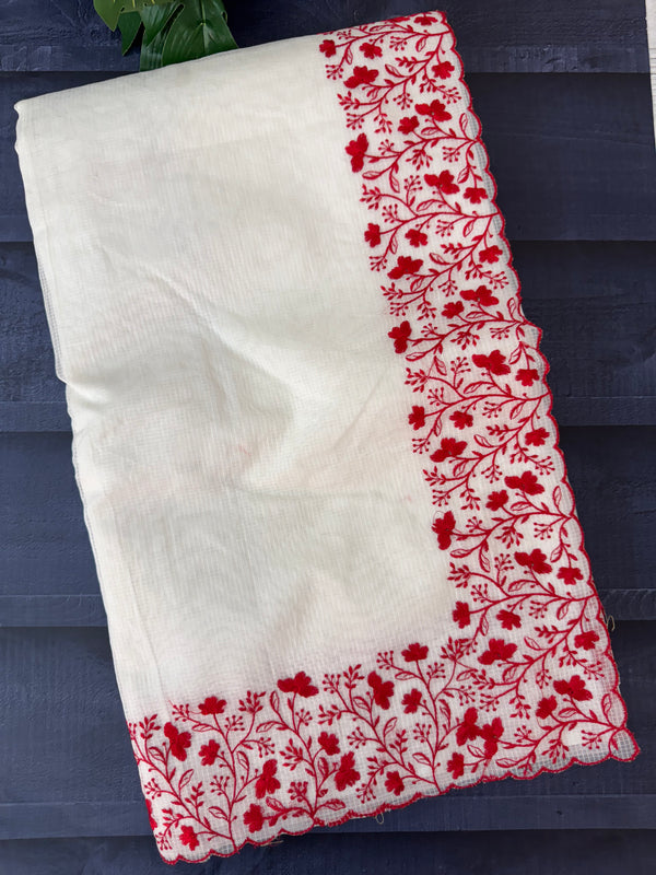 Kota silk saree with embroidery MSB643 OffWhite & Red