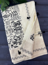 Jute silk saree with hand kanta work FBLK166 Offwhite