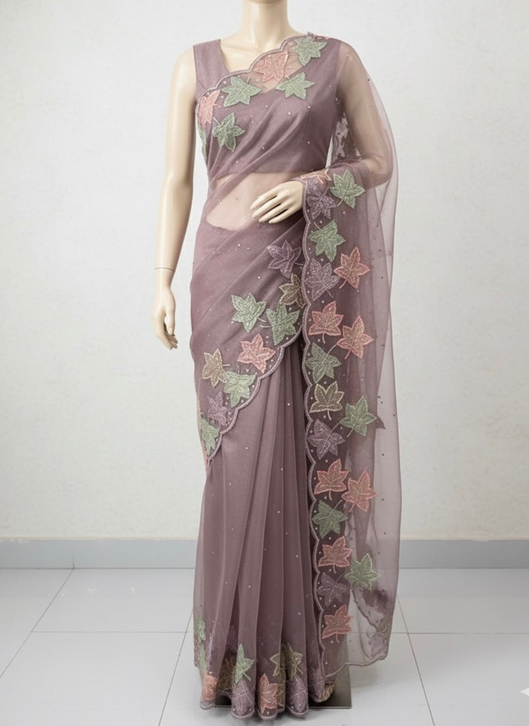 Handworked glass organza saree with applique work- MSHW227- Pastel Mauve