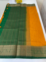 Jute silk sarees with contrast pallu & blouse MJL324 - Mustard to Green
