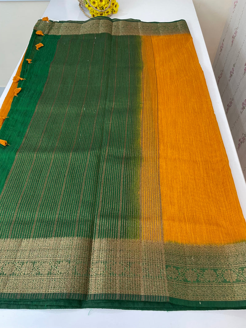 Jute silk sarees with contrast pallu & blouse MJL324 - Mustard to Green