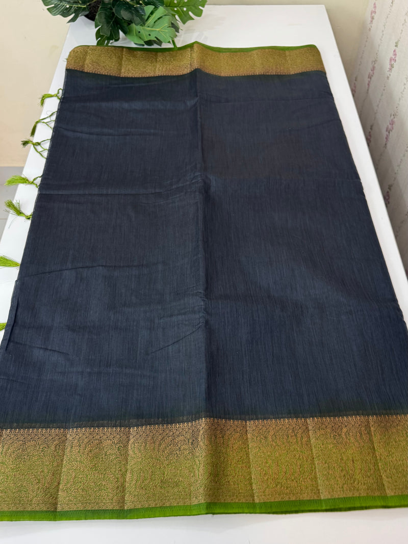 Jute silk sarees with contrast pallu & blouse MJL396- Black to Green