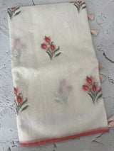 Lightweight Supernet saree with cross stitch embroidery MS142 - White to Peach