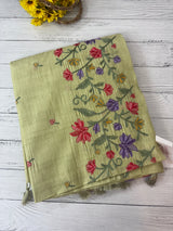 Crushed Blended tussar silk saree with embroidery- SNFCYEY - PastelGreen