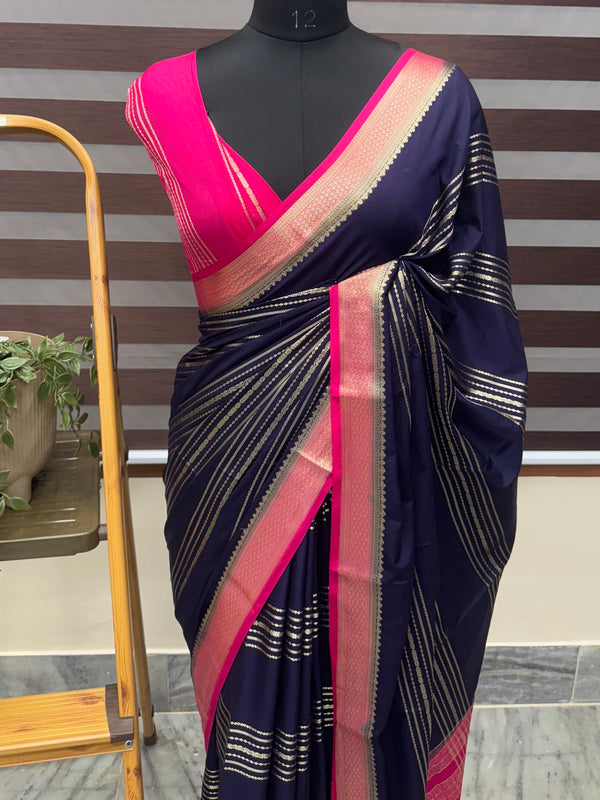 Crepe Georette saree SMVRSR DarkBlue & Ranipink