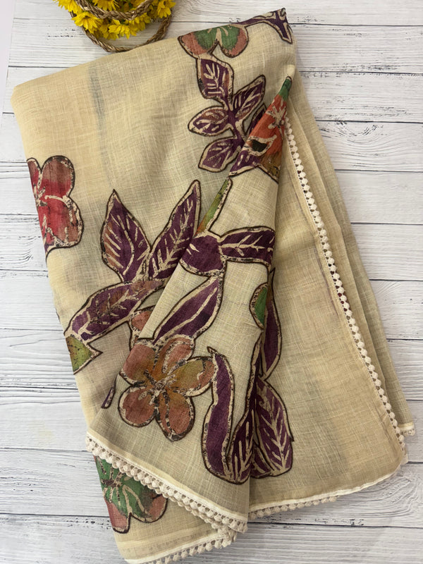 Tissue linen saree with applique work MLS5478