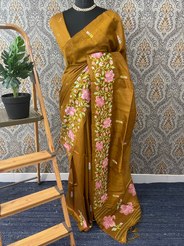 Blended tussar silk saree with embroidery - MS78911