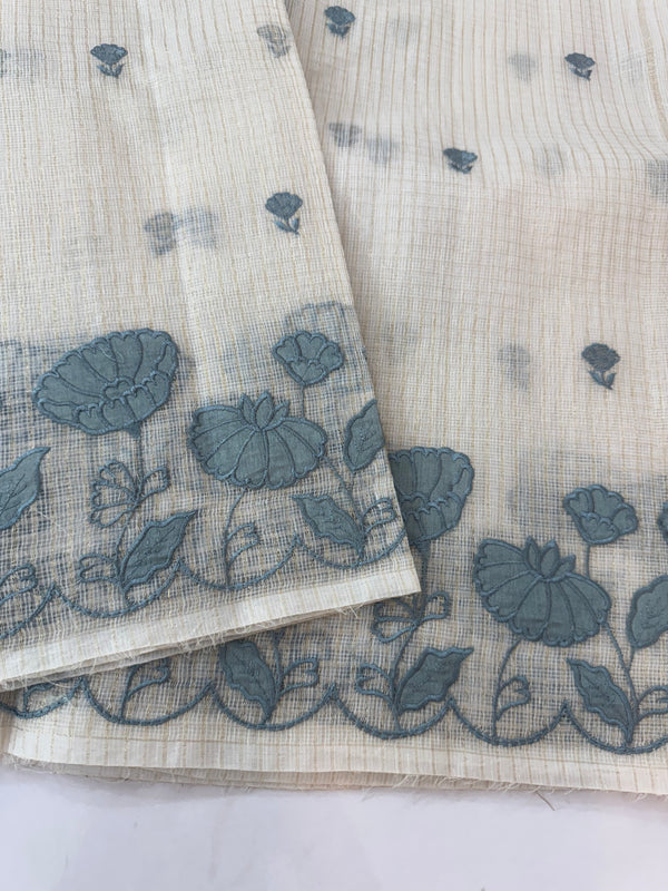 Tissue silk saree with zari checks and applique work  MSH105- Offwhite to Grey