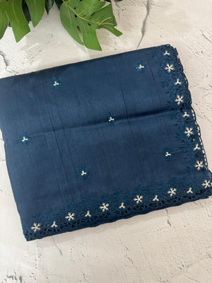 Blended tussar saree with cutwork border- MSHK268 MidnightBlue