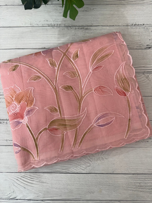 Supernet saree with embroidery and handpaintingwork MSH104- Pastel PeachPink