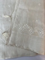 Blended tussar saree with embriodery and cutwork- MS8666 (8) Pearl Cream
