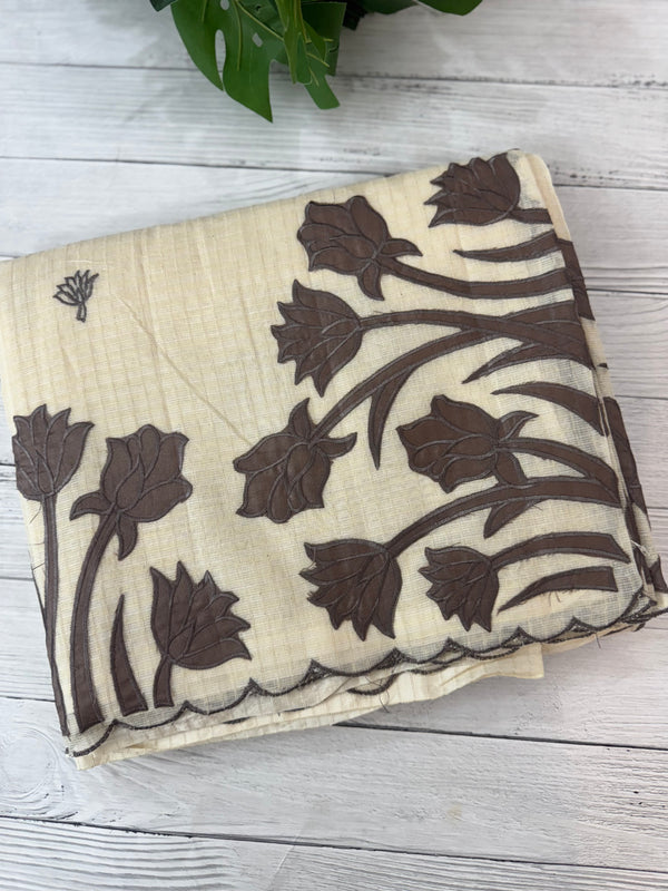 Jute Linen Applique work saree  -MSH128 Offwhite to DarkGrey