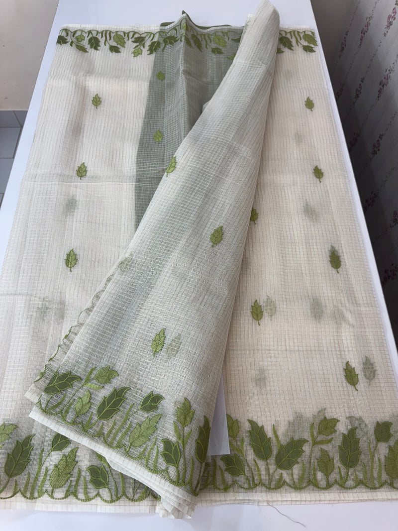 Tissue silk saree with zari checks and applique work  MSH105- Offwhite to Green