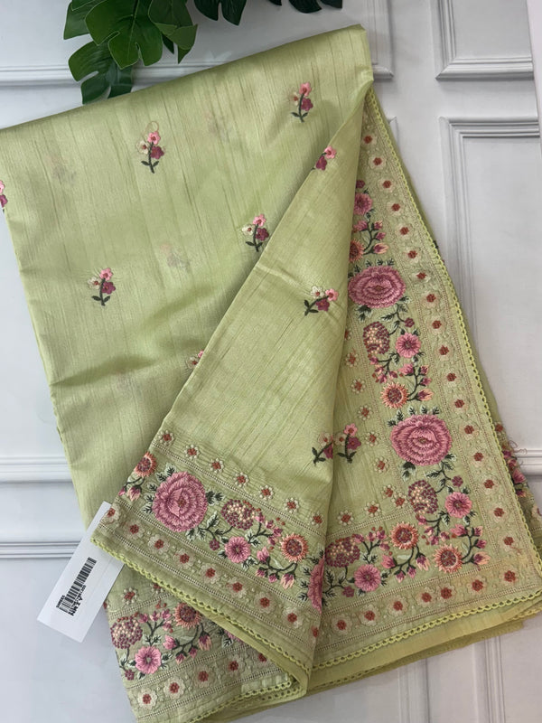 Blended tussar saree with floral embroidery- BISTNRIY- PastelGreen