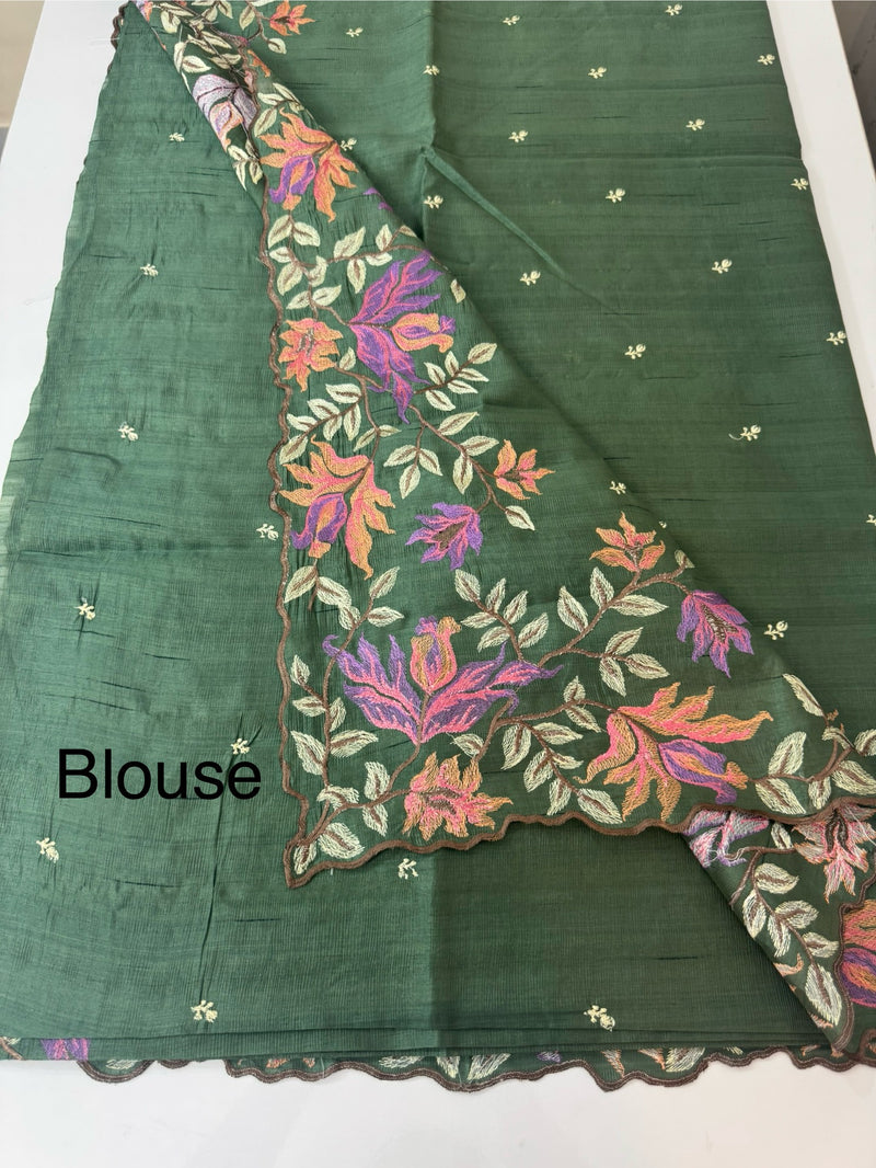 Crushed Blended tussar silk saree with embroidery- SNFCYEY- JadeGreen