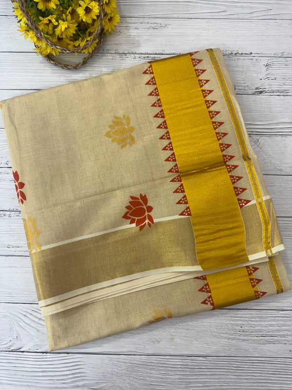 Kerala Lotus printed tissue saree- Orange
