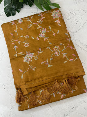 Tussar finish soft silk saree with thread embroidery MTS568 SpicyMustard