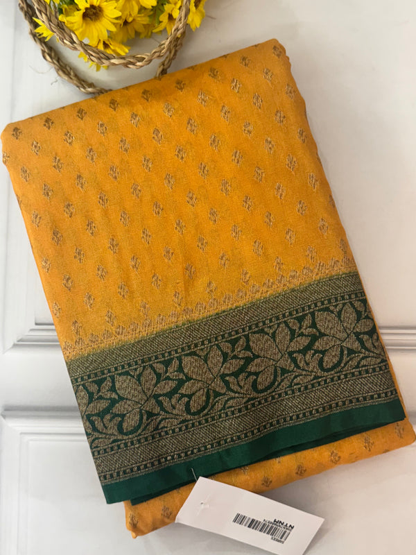 Banarasi viscose Georgette saree MKGS611 Creamy Yellow to Green