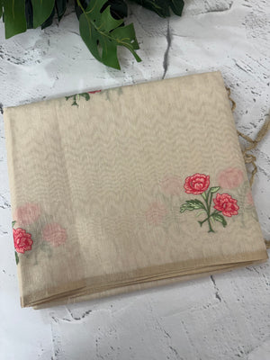 Tissue linen saree with embroidery MSL4900 - PeachRed Flowers