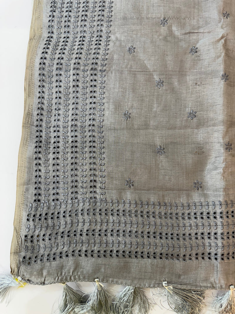 Blended tussar saree with cutwork - MJHG78 Grey