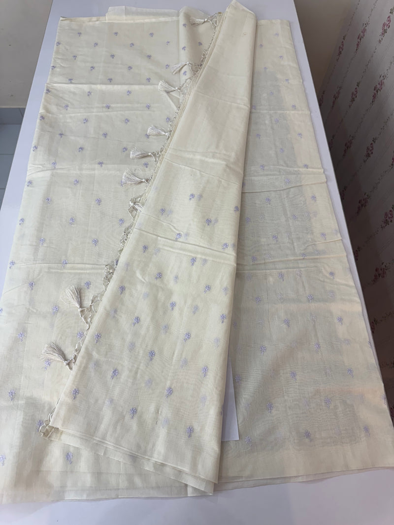 Mul chanderi saree with embriodery MSH114 - Pastel Lavender flowers